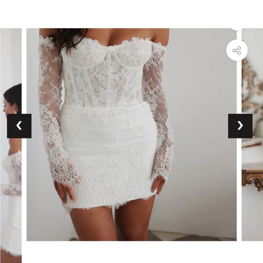 UNTAMED PETALS White Lace Off-Shoulder Long Sleeve Mini Dress - Bridal